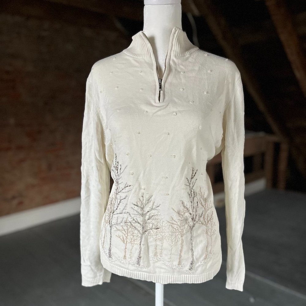 VintageColdwater Creek Sweater Womens White 1/4 Zip Front Mock Neck Beaded Winte